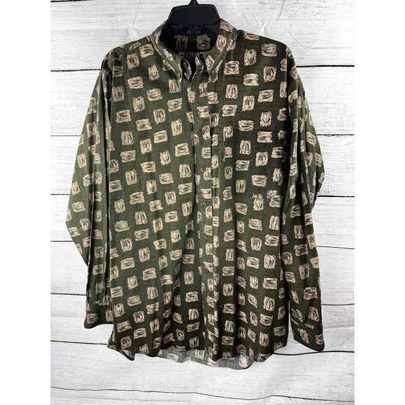 VTG Ralph Lauren Chaps Large Shirt Button Down Long Sleeve Green Leaves Nature - Picture 1 of 9